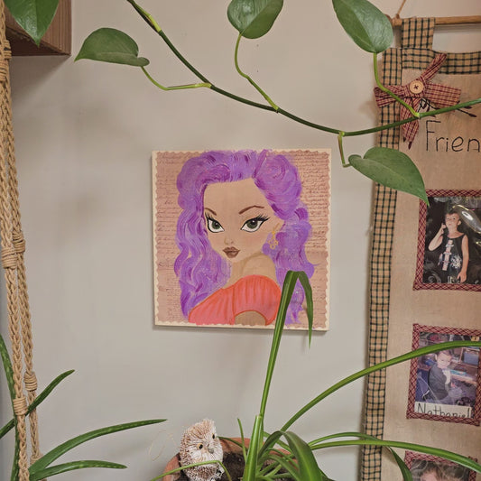 12x12 Wooden Canvas Mixed Media Collage Art/Purple Haired Bombshell